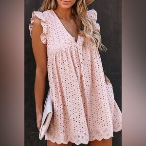 Pink Eyelet Ruffle Dress with Pockets XL V Neck NWT